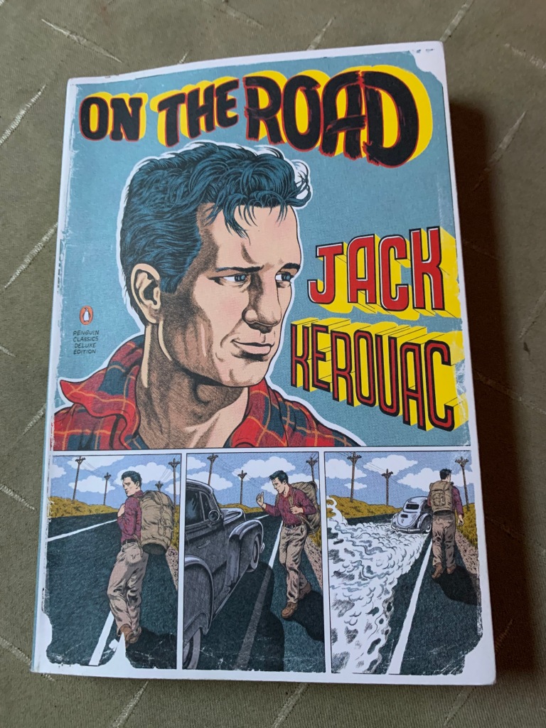 Comic book-style cover of Jack Kerouac's On the Road.